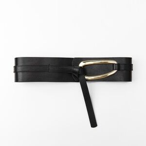 Black sash Leather Belt with Gold Buckle